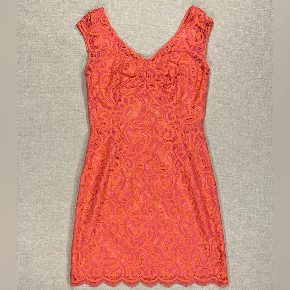 ๐ชธ 8 Lilly Pulitzer Rosaline Dress Lace Lined V Neck Pink and Orange Coral - Picture 1 of 11